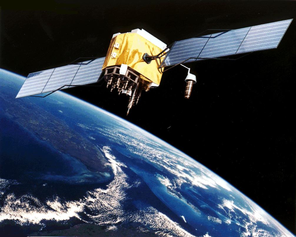 A GPS navigation satellite orbiting above Earth against the backdrop of space