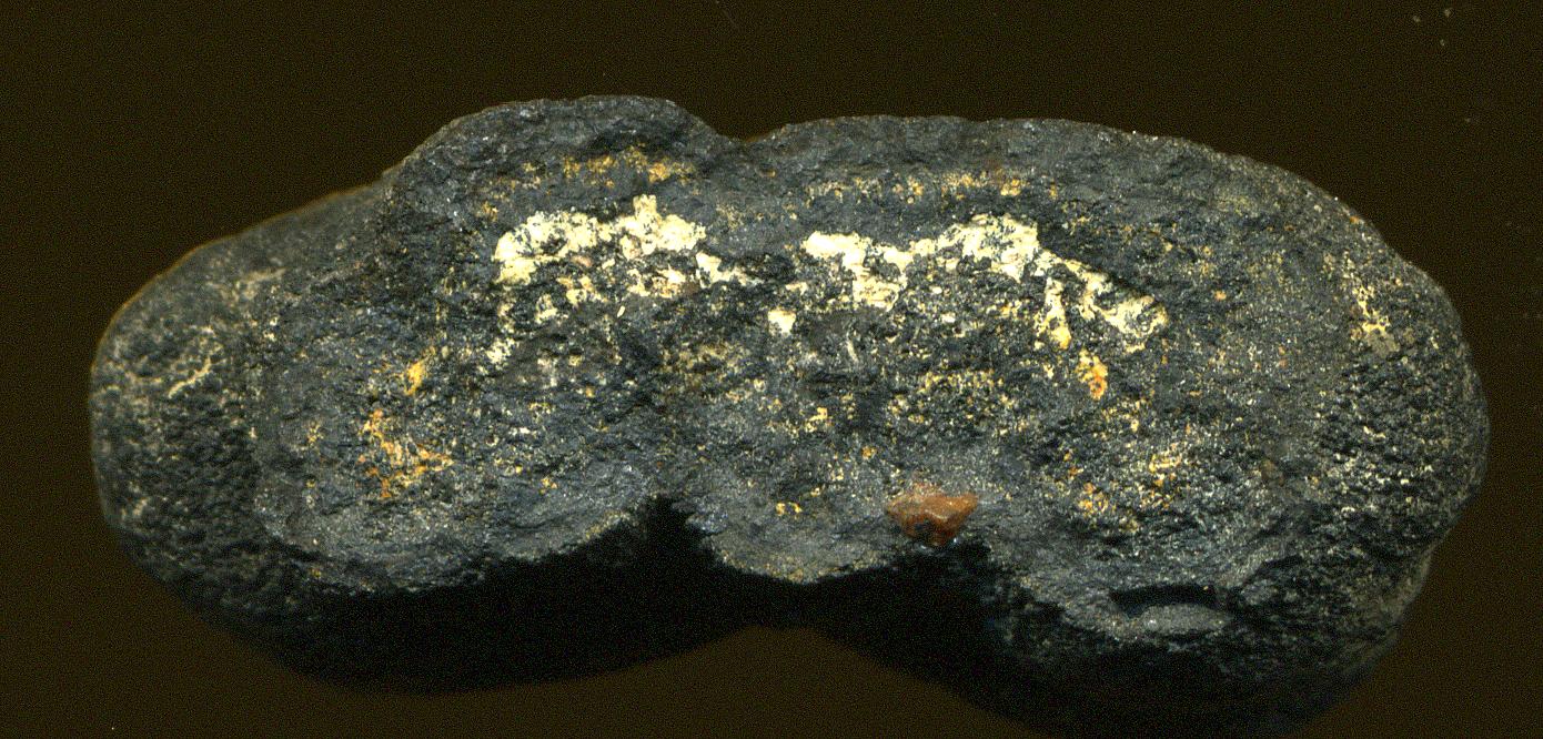 A black polymetallic nodule from the deep Pacific seafloor, shown close-up against a dark background
